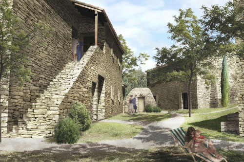 Architecture rurale en pierre sèche avec jardin arboré, famille en terrasse et ambiance villageoise paisible.