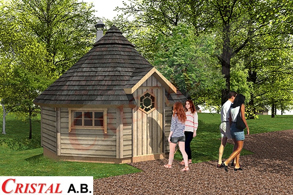 Cabane en bois hexagonale Cristal A.B. avec toit conique dans un parc forestier.