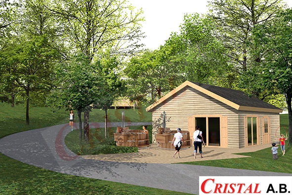 Chalet en bois avec bains nordiques et personnages dans un parc boisé, logo Cristal A.B.
