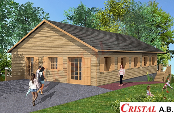 Chalet en bois Cristal A.B. avec familles, jardin verdoyant et design scandinave sous un ciel ensoleillé.